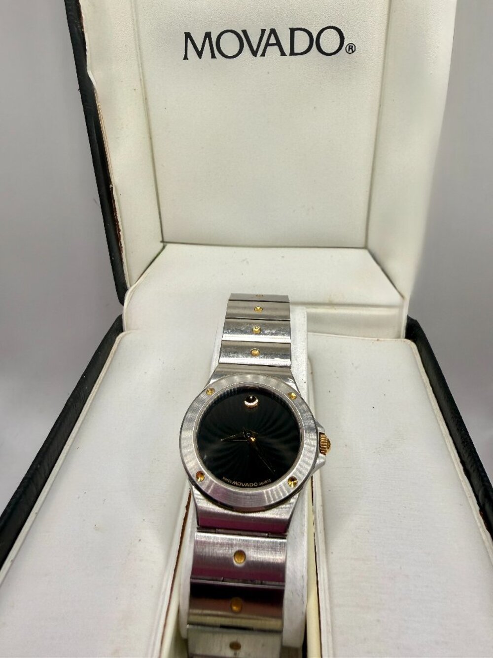 Movado Swiss Made Quartz Watch Black Dial Silver/Gold Bracelet 25.1mm Analog